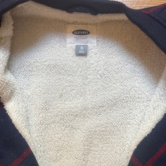 Old Navy blue red plaid wool blend fleece sherpa lined zip bomber jacket SIZE XL - Picture 4 of 6